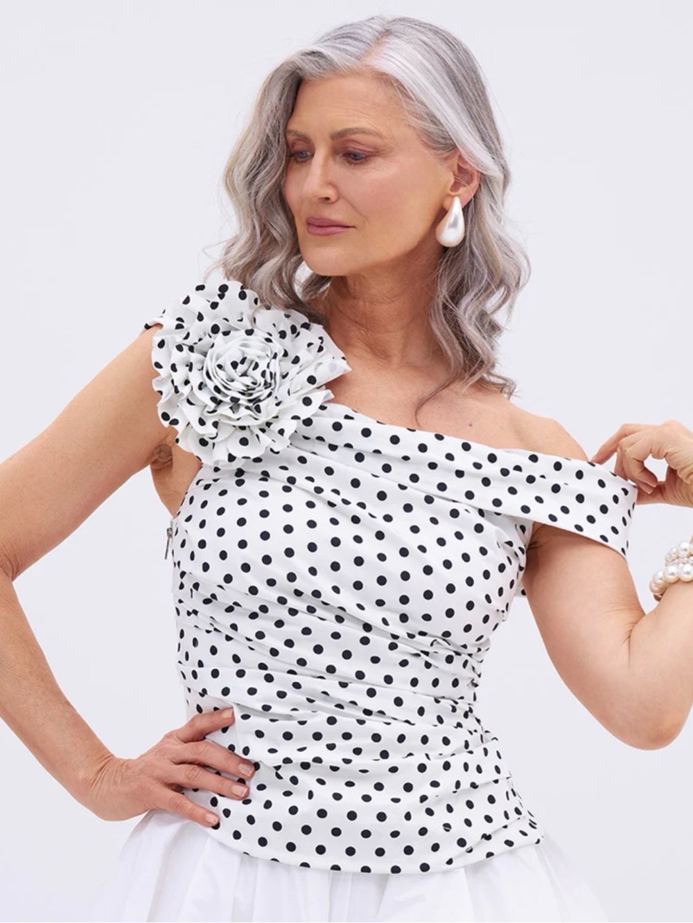 Polka Dot One-Shoulder Floral Accent top- White/Black